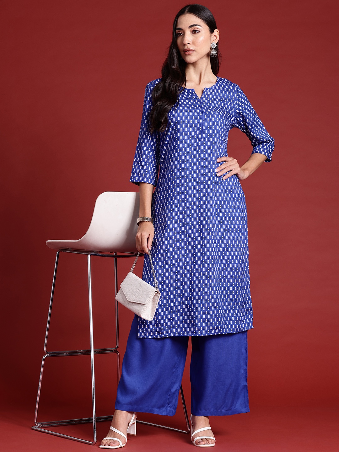 

Anouk Printed Kurta with Palazzos, Navy blue