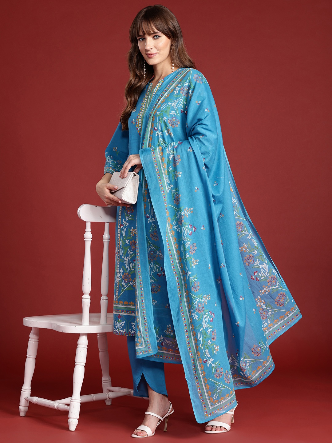 

Anouk Ethnic Printed Pure Cotton Kurta Set With Dupatta, Blue