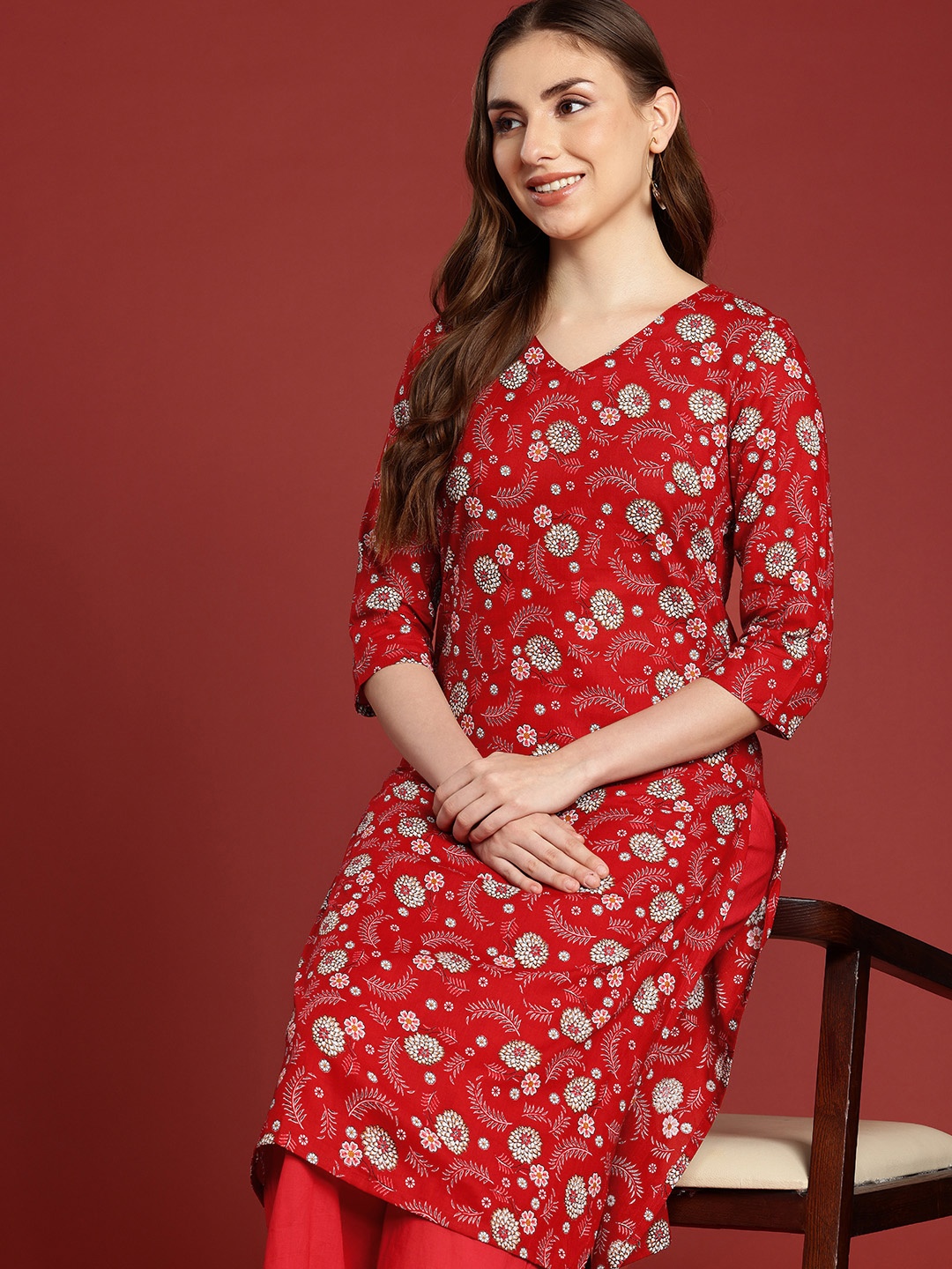 

Anouk Women Floral Printed Regular Pure Cotton Kurta With Palazzos, Red