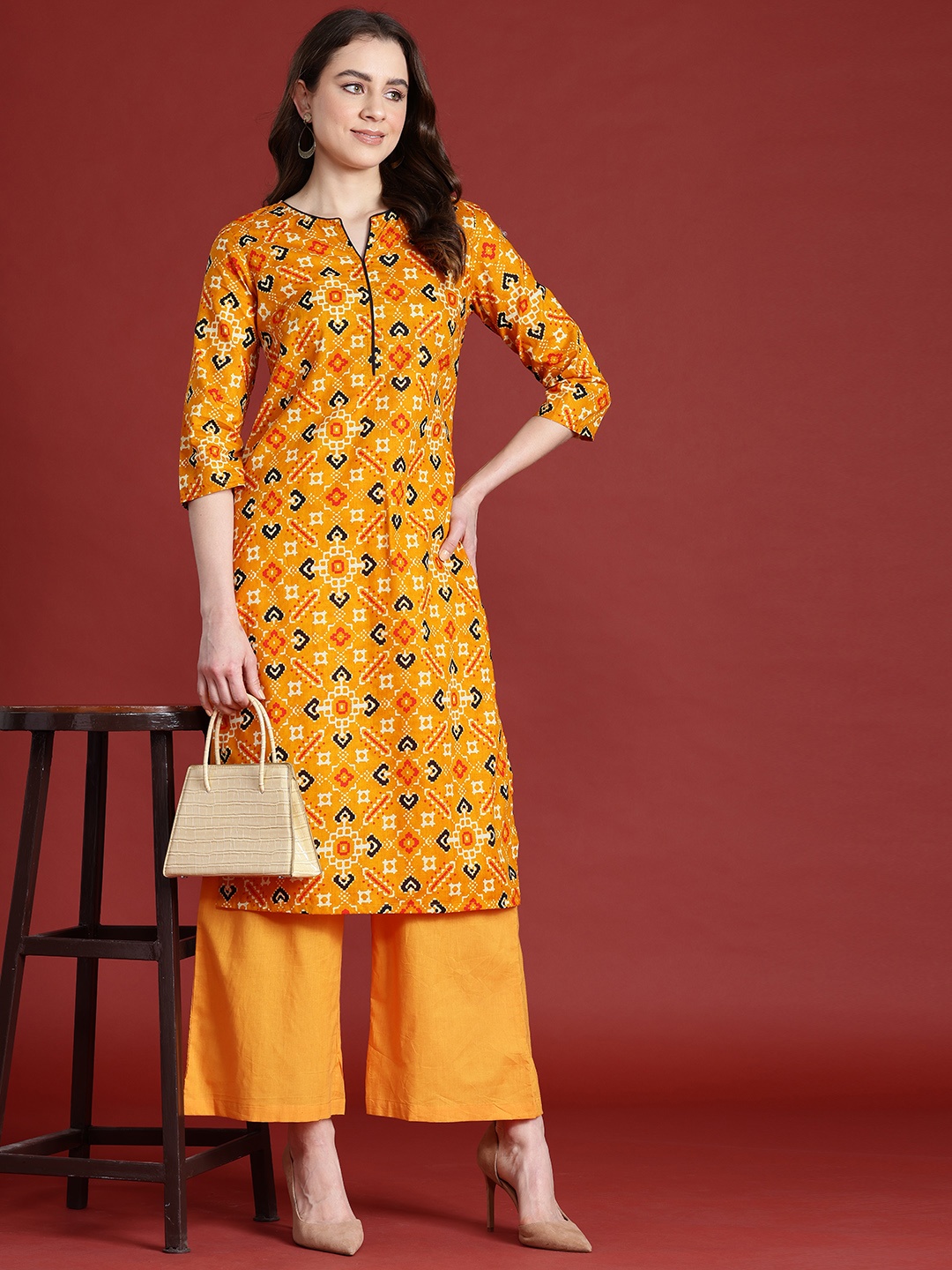 

Anouk Printed Pure Cotton Kurta with Palazzos, Mustard