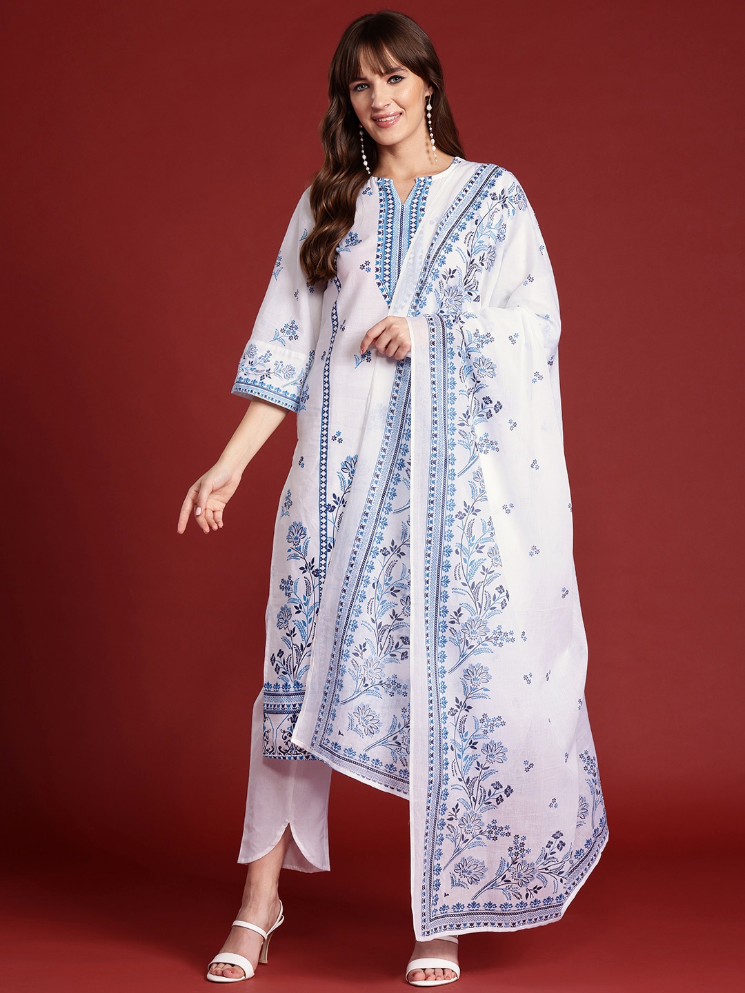 

Anouk Ethnic Printed Pure Cotton Kurta Set With Dupatta, White