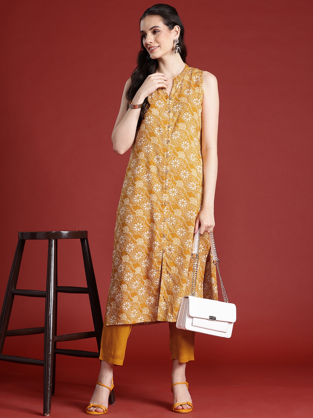 

Anouk Indie Floral Print Straight Kurta with Trousers, Mustard