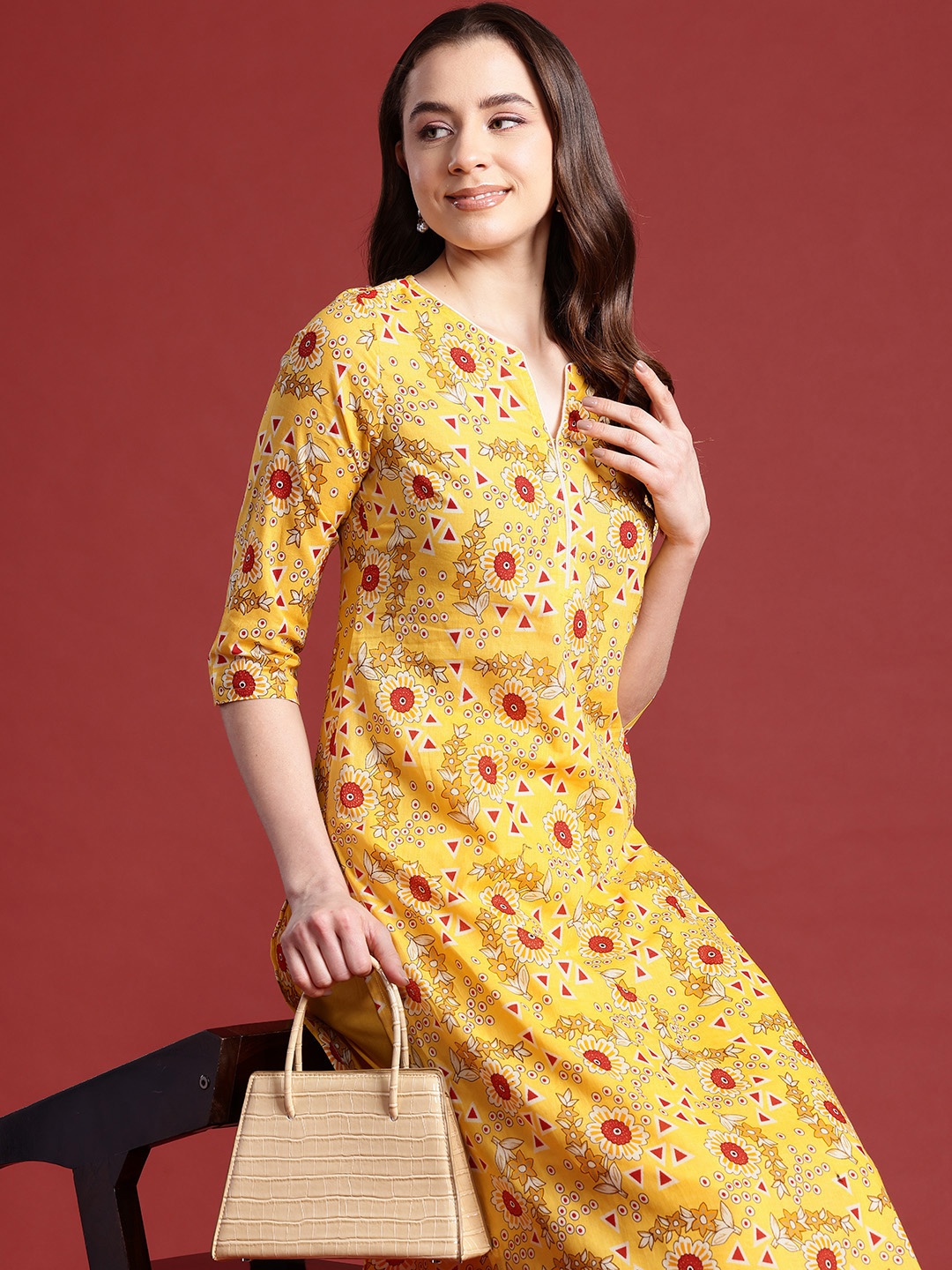 

Anouk Women Floral Printed Pure Cotton Kurta with Palazzos, Yellow