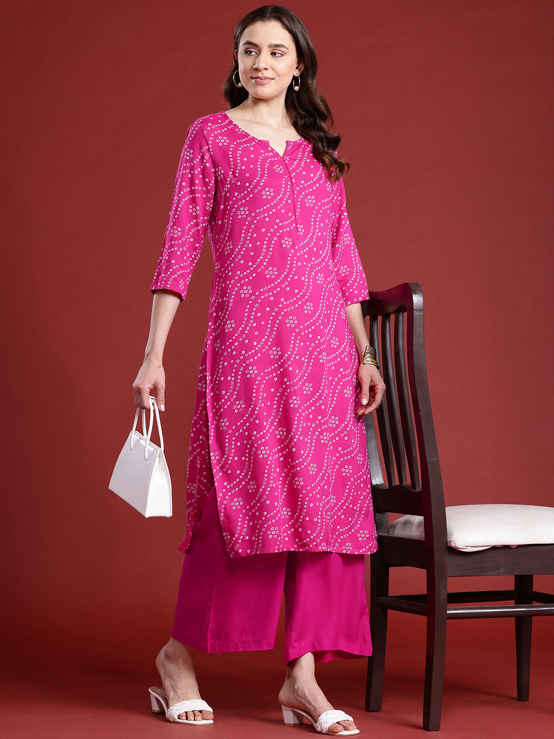 

Anouk Bandhani Printed Straight Kurta & Palazzos Set, Pink