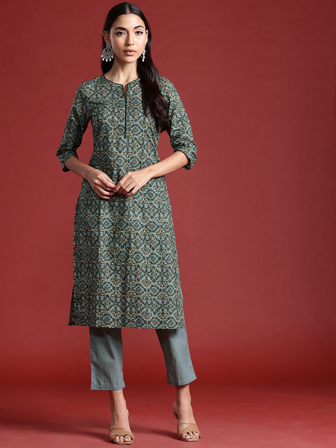 

Anouk Women Ethnic Motifs Printed Pure Cotton Kurta with Trousers, Green