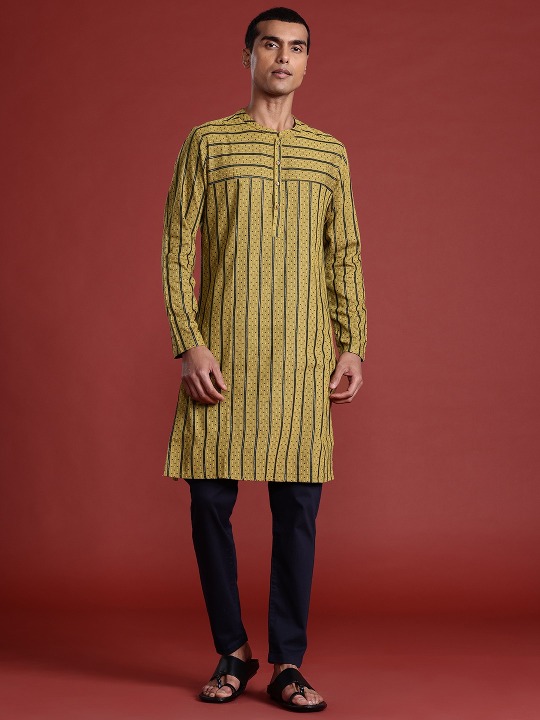 

Anouk Men Striped Woven Design Kurta, Mustard