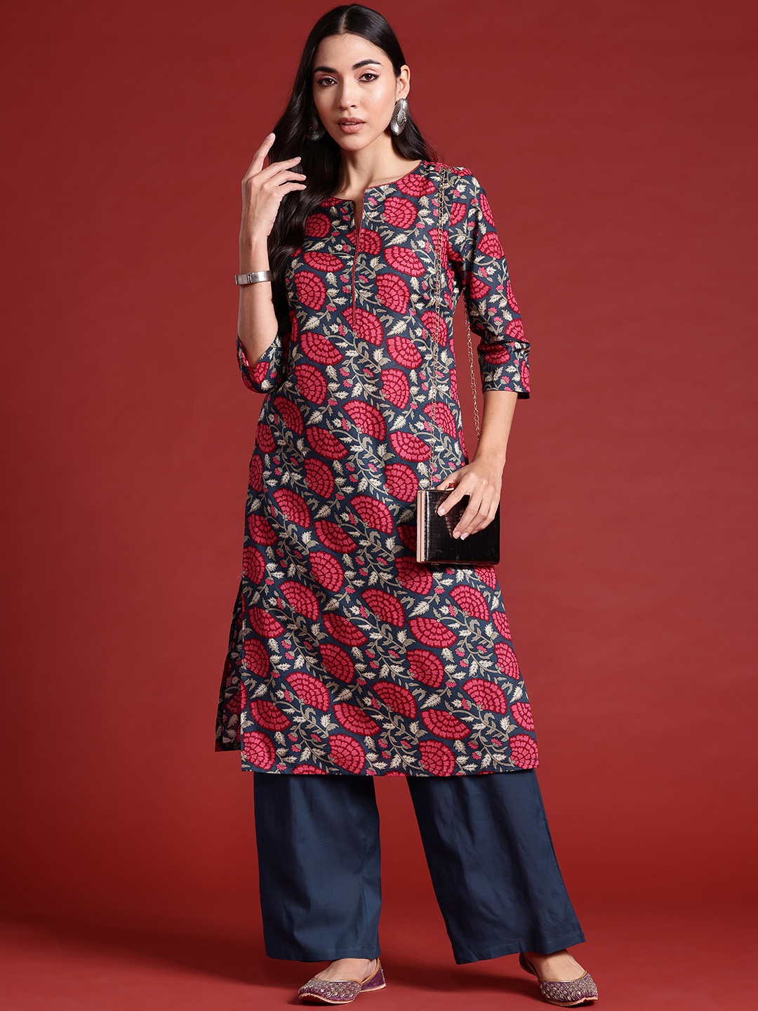 

Anouk Floral Print Pure Cotton Kurta with Palazzos, Teal