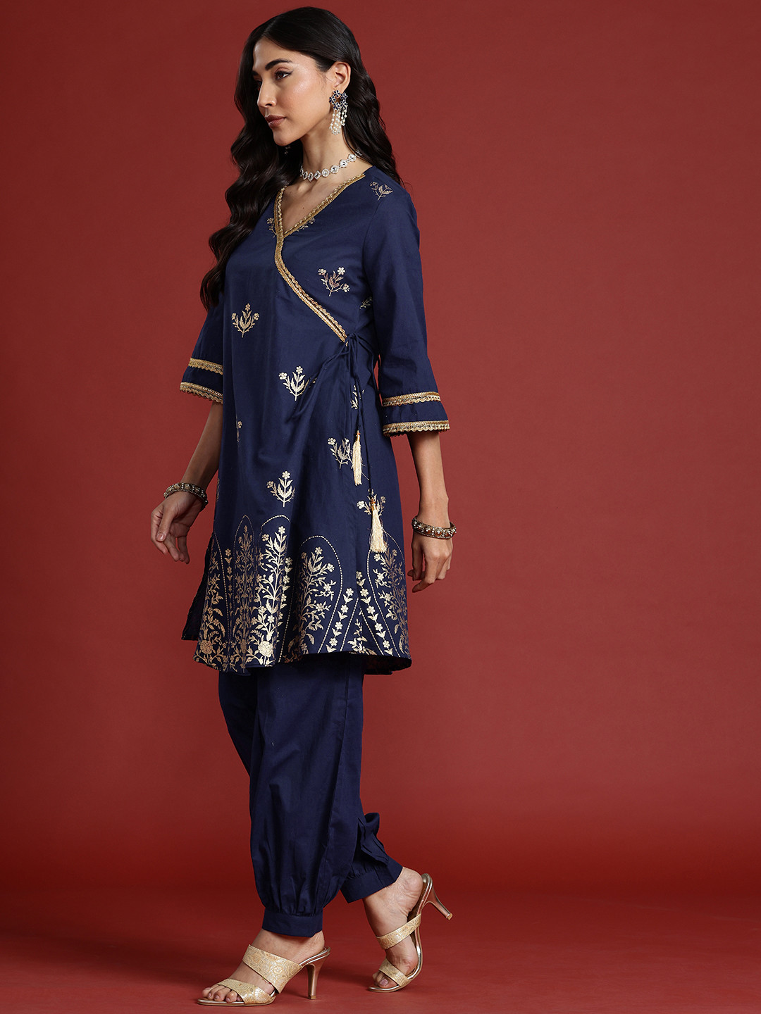 

Anouk Foil Print Angrakha Gotta Patti Pure Cotton Kurta with Salwar, Navy blue