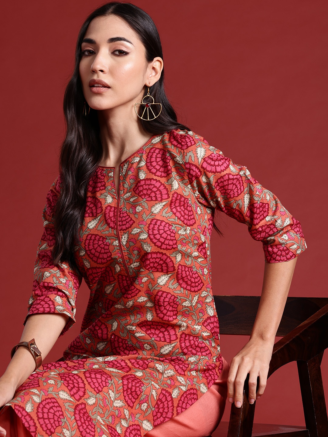 

Anouk Floral Print Pure Cotton Kurta with Palazzos, Peach