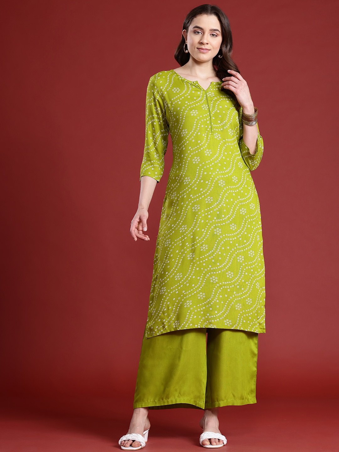 

Anouk Bandhani Printed Straight Kurta & Palazzos Set, Green