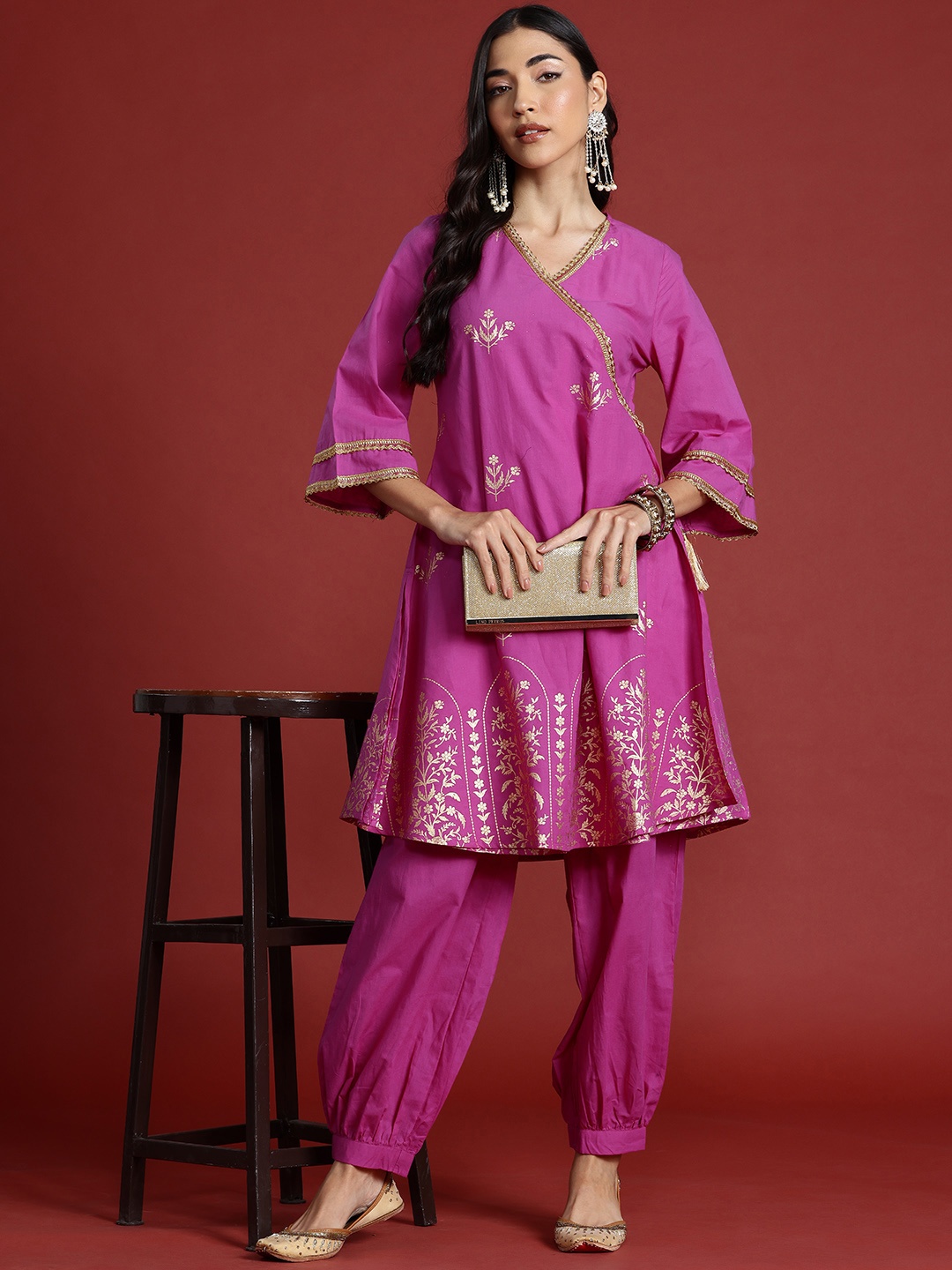 

Anouk Foil Print Angrakha Gotta Patti Pure Cotton Kurta with Salwar, Fuchsia