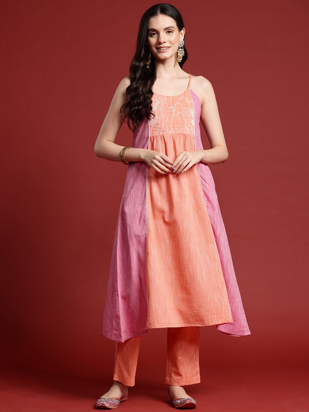 

Anouk Colourblock Thread Work A-Line Kurta with Trousers, Peach