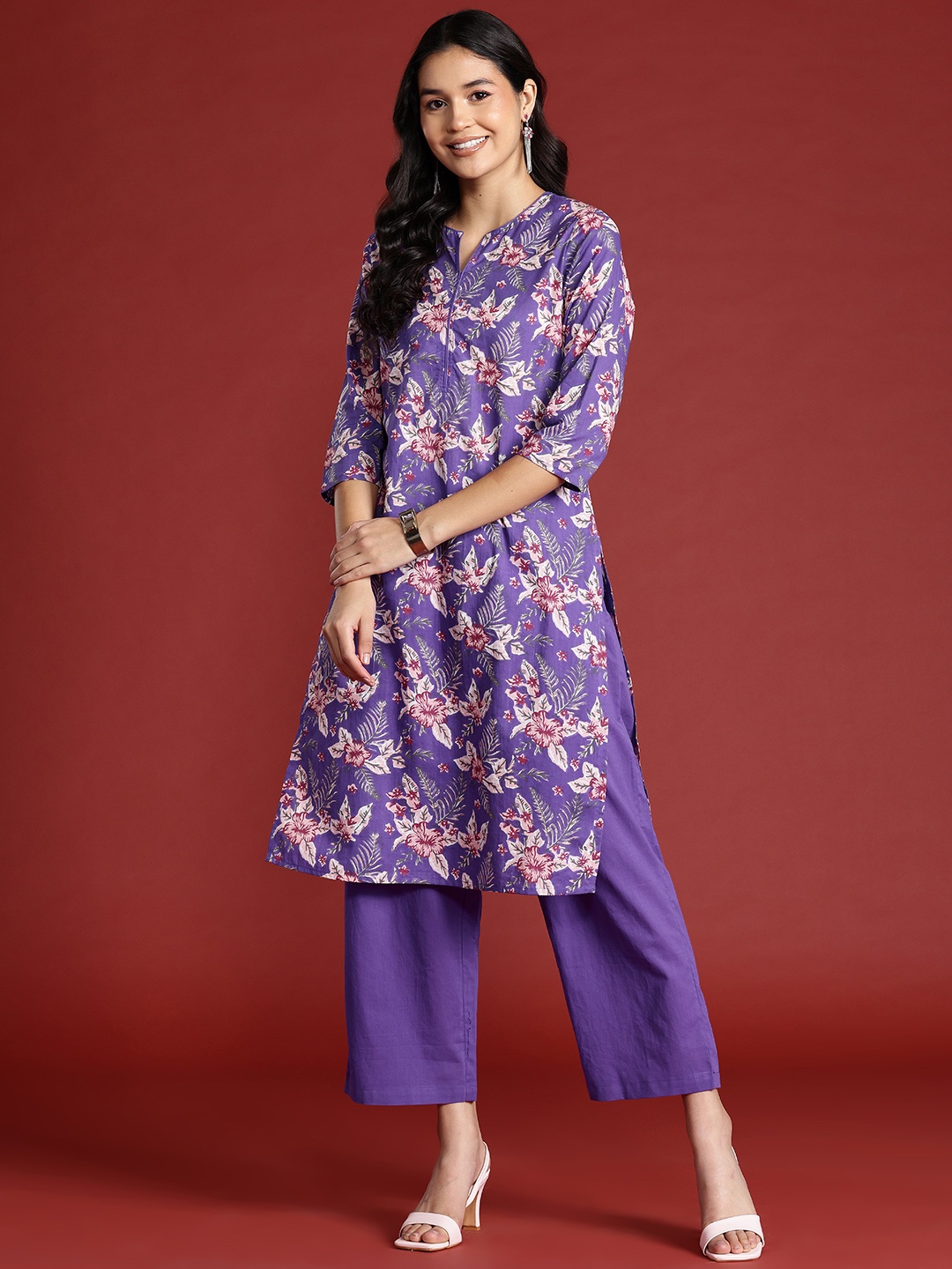 

Anouk Floral Print Pure Cotton Straight Kurta with Palazzos, Purple