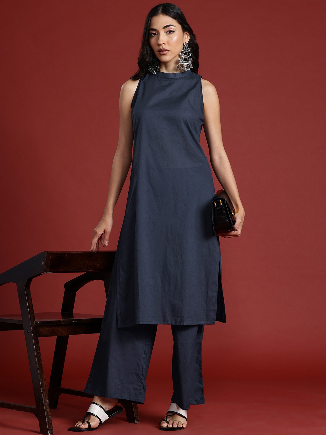 

Anouk Pure Cotton Straight Kurta with Palazzos, Navy blue