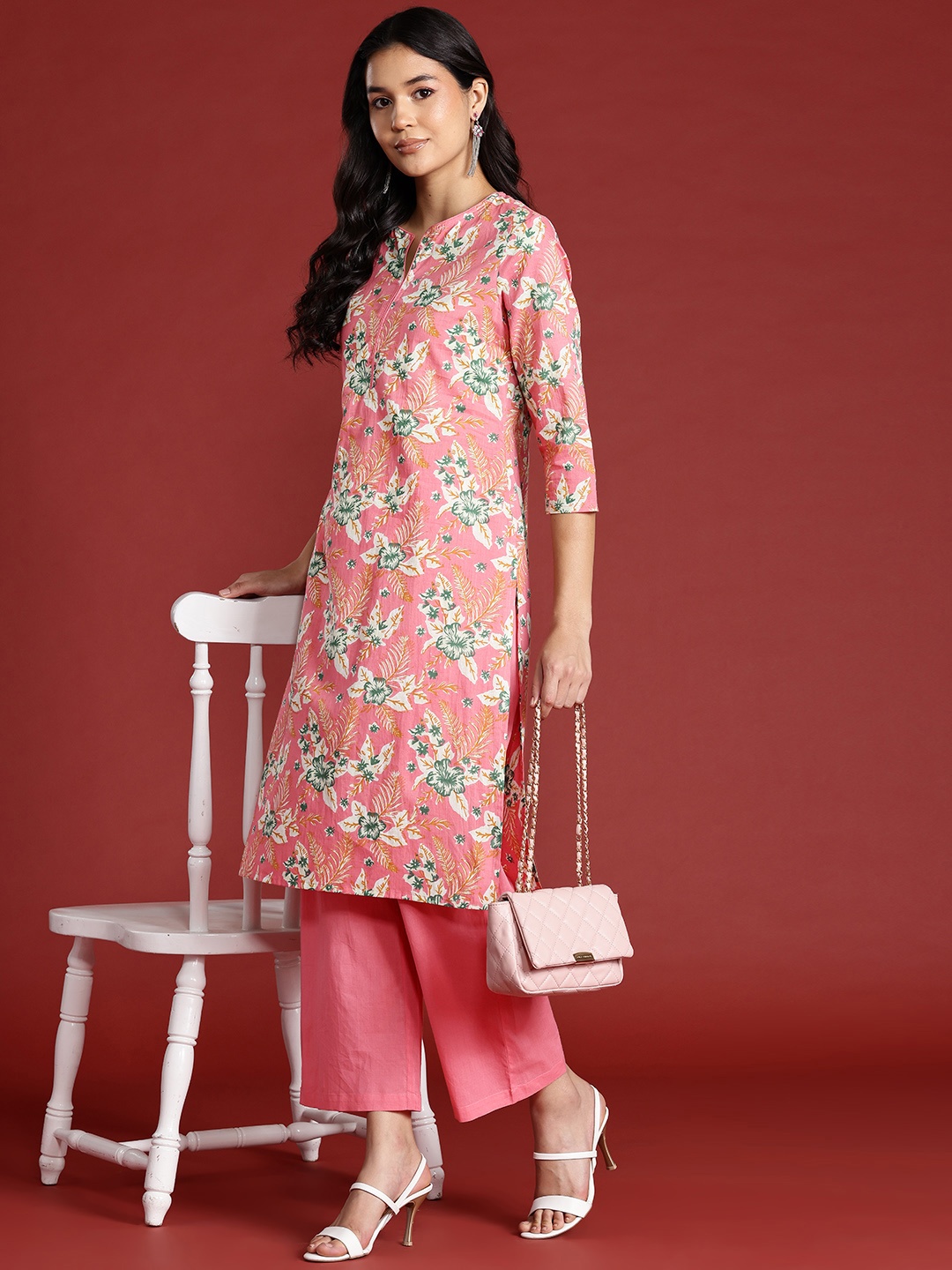 

Anouk Floral Print Pure Cotton Straight Kurta with Palazzos, Pink