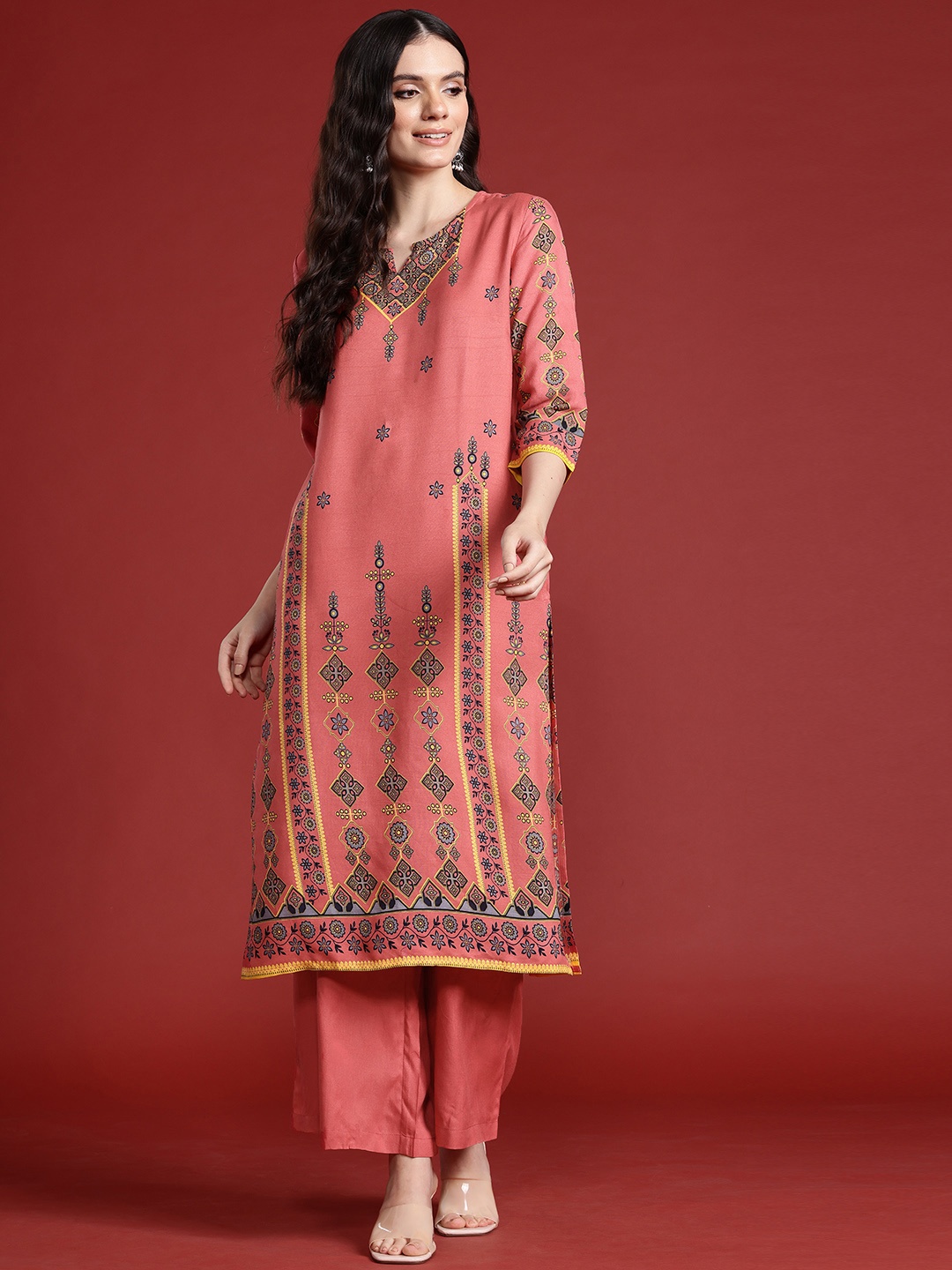 

Anouk Ethnic Motifs Printed Regular Pure Cotton Kurta with Palazzos, Coral