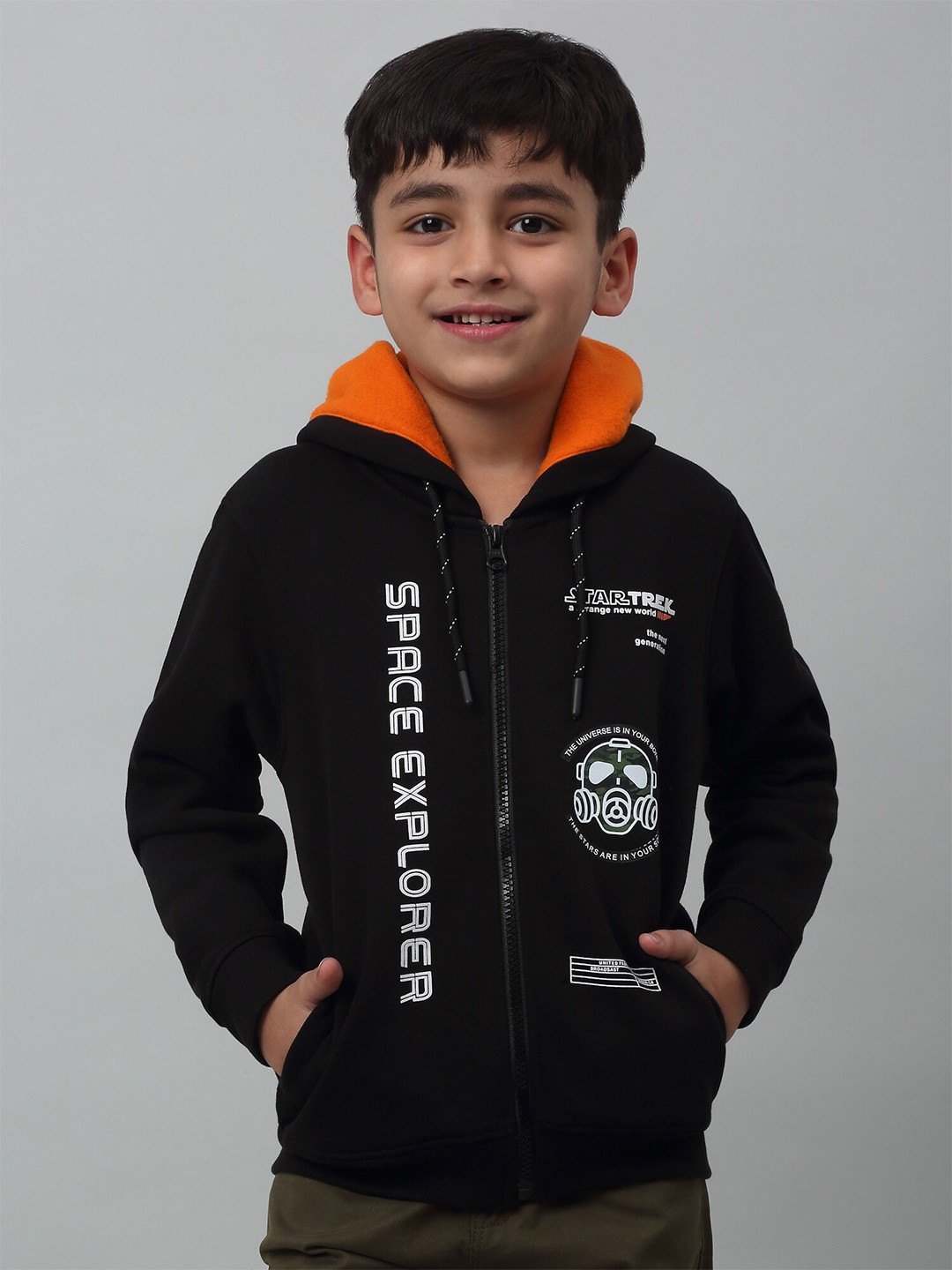 

Cantabil Boys Printed Hooded Fleece Sweatshirt, Black