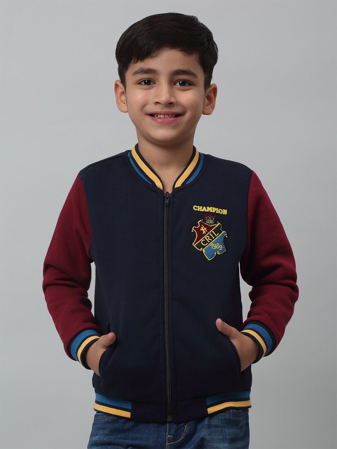 

Cantabil Boys Stand Collar Fleece Front Open Sweatshirt, Navy blue