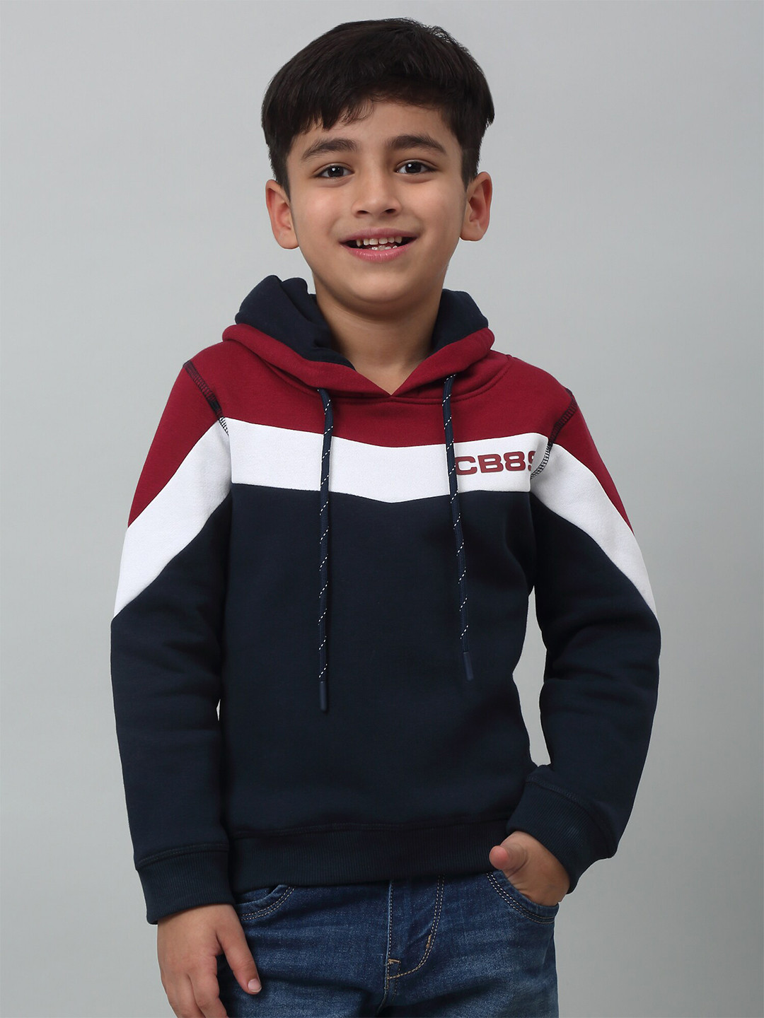 

Cantabil Boys Colourblocked Hooded Fleece Sweatshirt, Navy blue