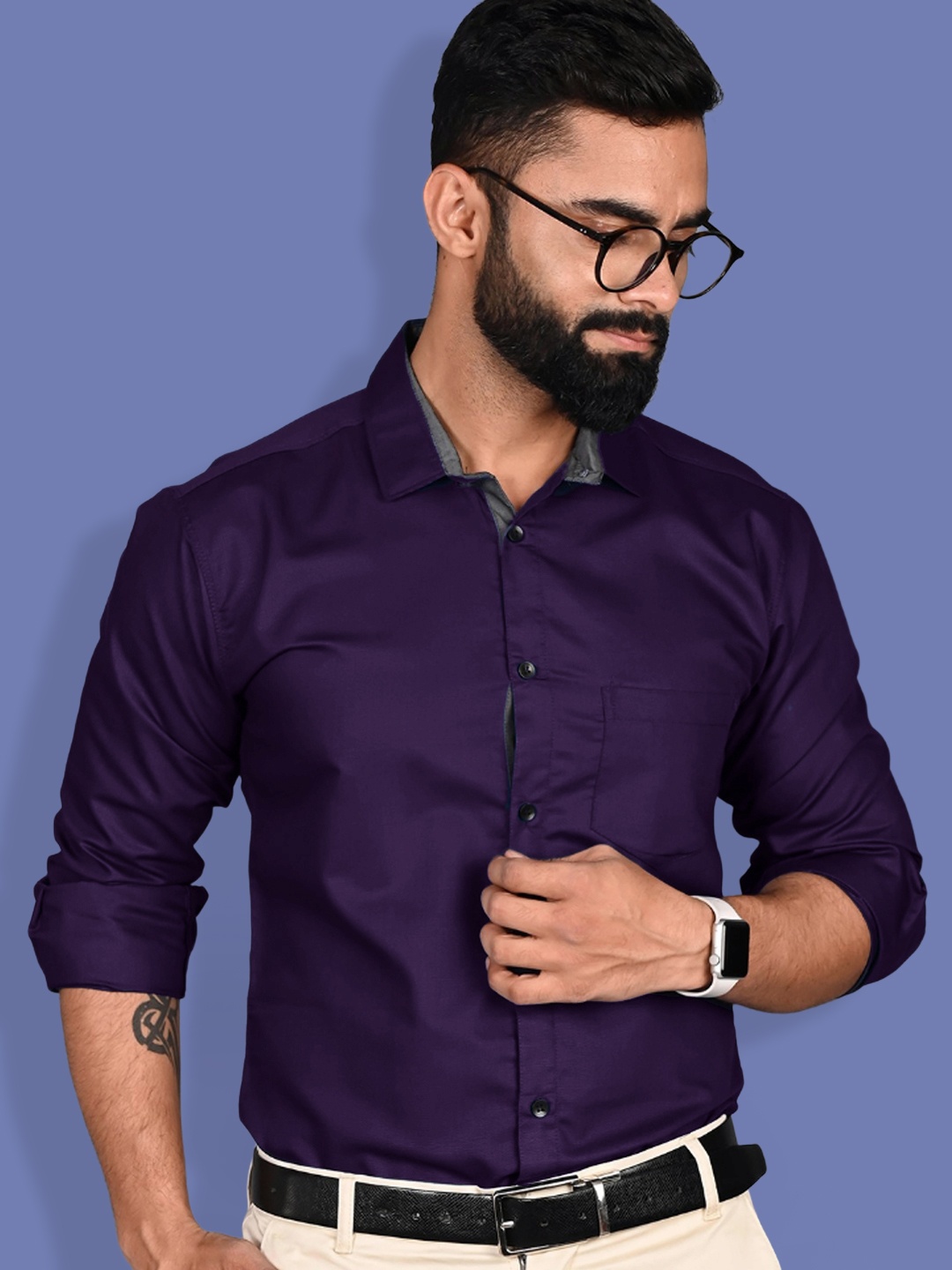 

1 Stop Fashion Standard Spread Collar Chest Pocket Cotton Formal Shirt, Purple