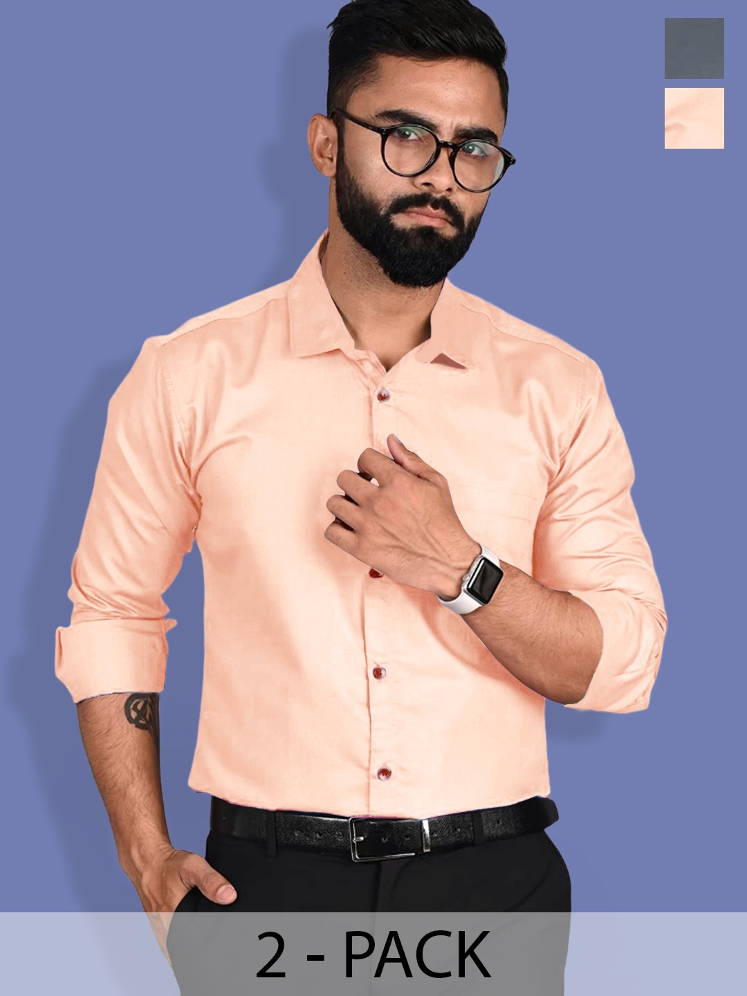 

1 Stop Fashion Selection of 2 Standard Spread Collar Chest Pocket Cotton Formal Shirt, Peach