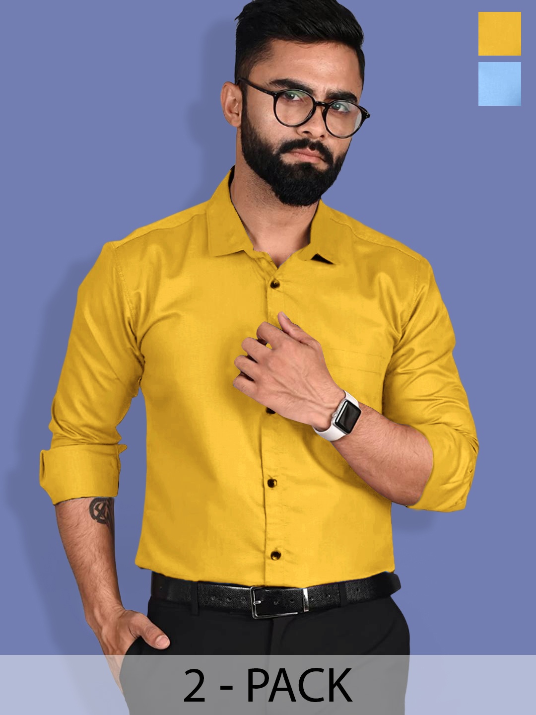 

1 Stop Fashion Pack of 2 Spread Collar Cotton Standard Opaque Formal Shirts, Mustard