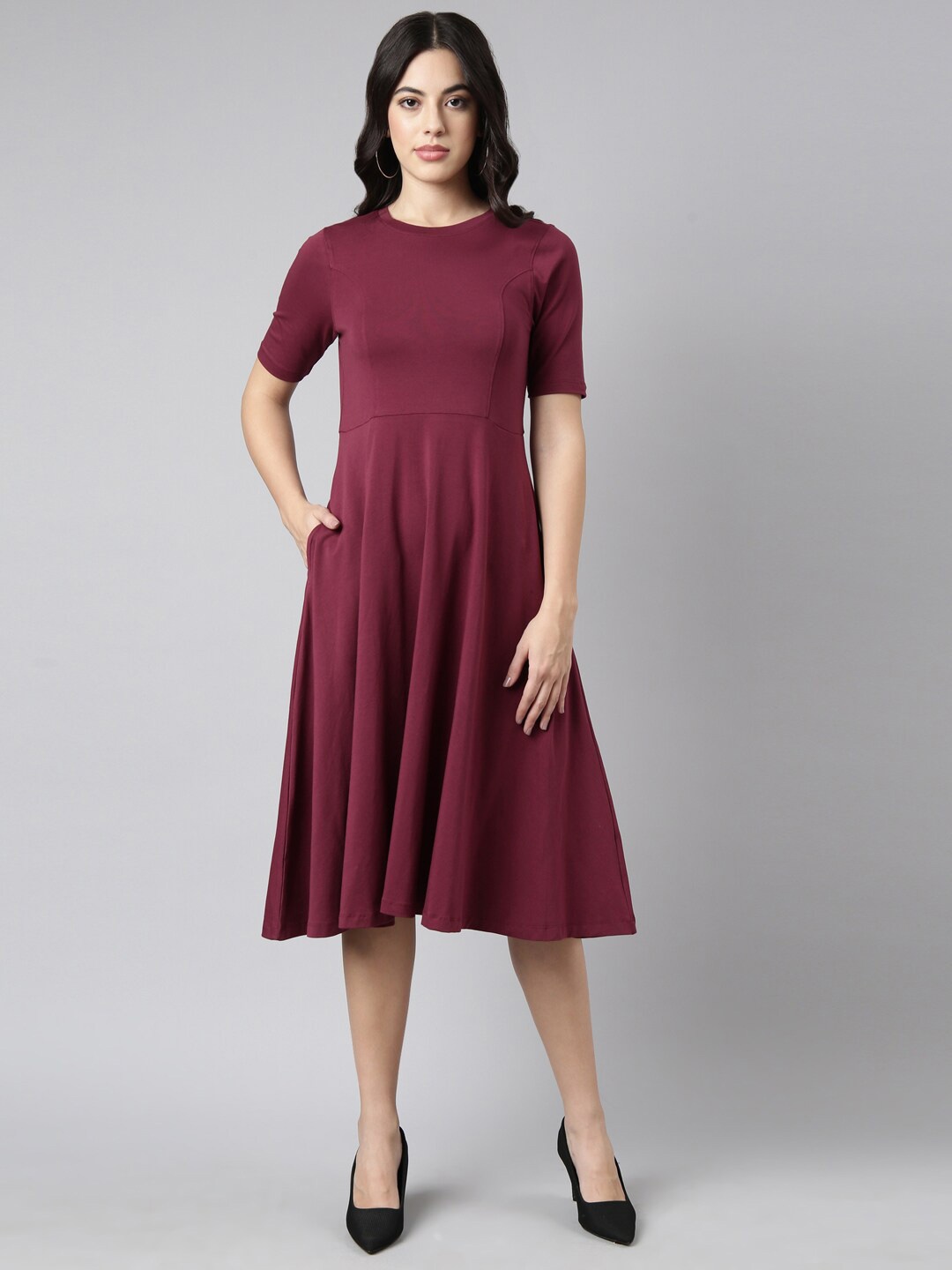 

TWIN BIRDS Cotton Knitted Fit & Flare Midi Dress, Maroon