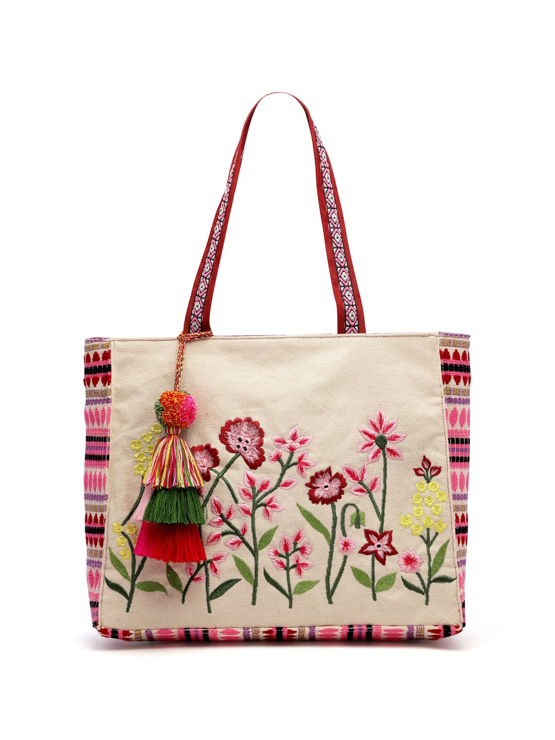 

Anekaant Boho Floral Embroidered Jacquard Cotton Shopper Tote Bag With Tasseled, Off white
