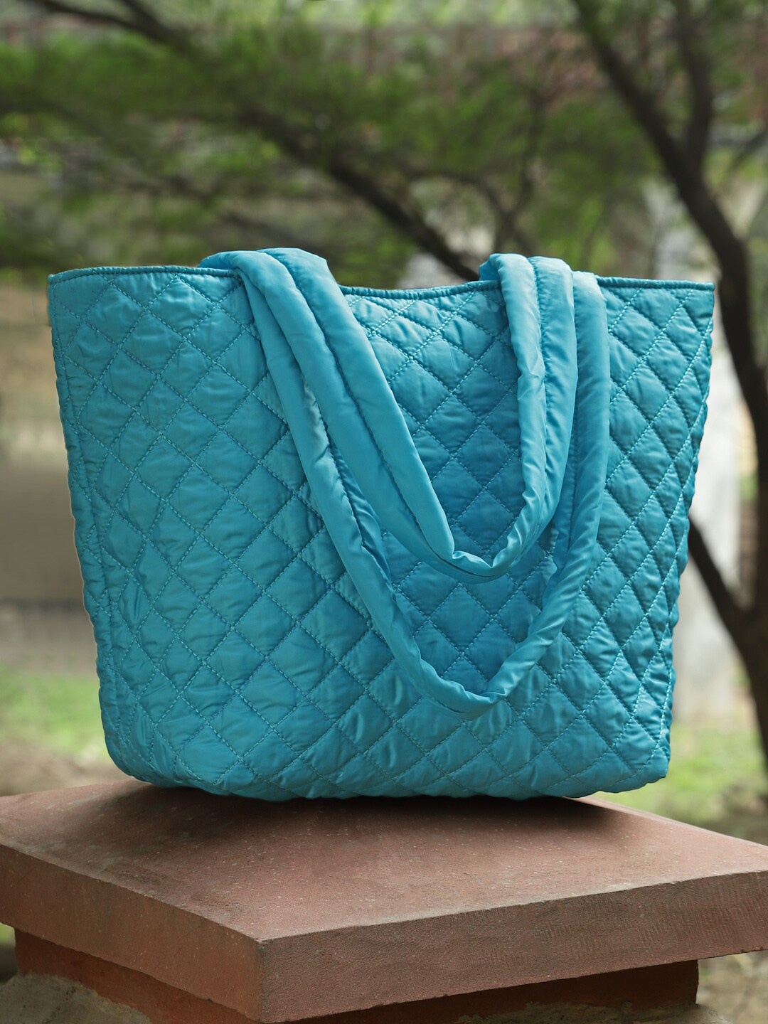 

Anekaant Geometric Shopper Tote Bag with Quilted, Turquoise blue