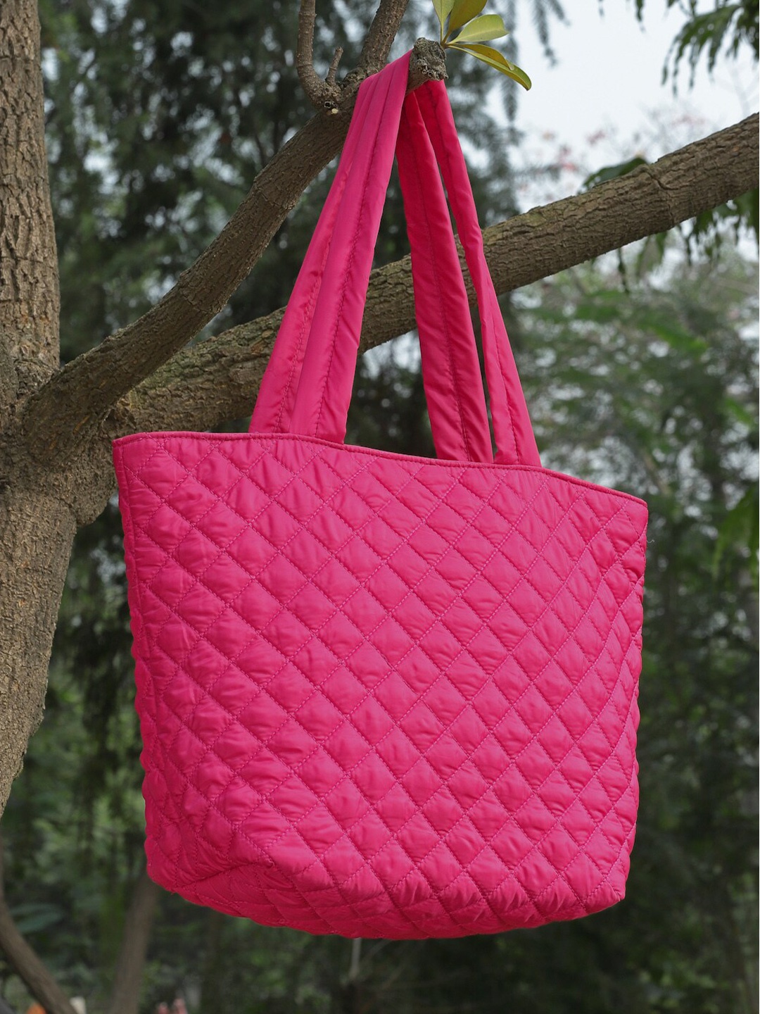 

Anekaant Geometric Sef Design Quilted Detailed Shopper Tote Bag, Fuchsia