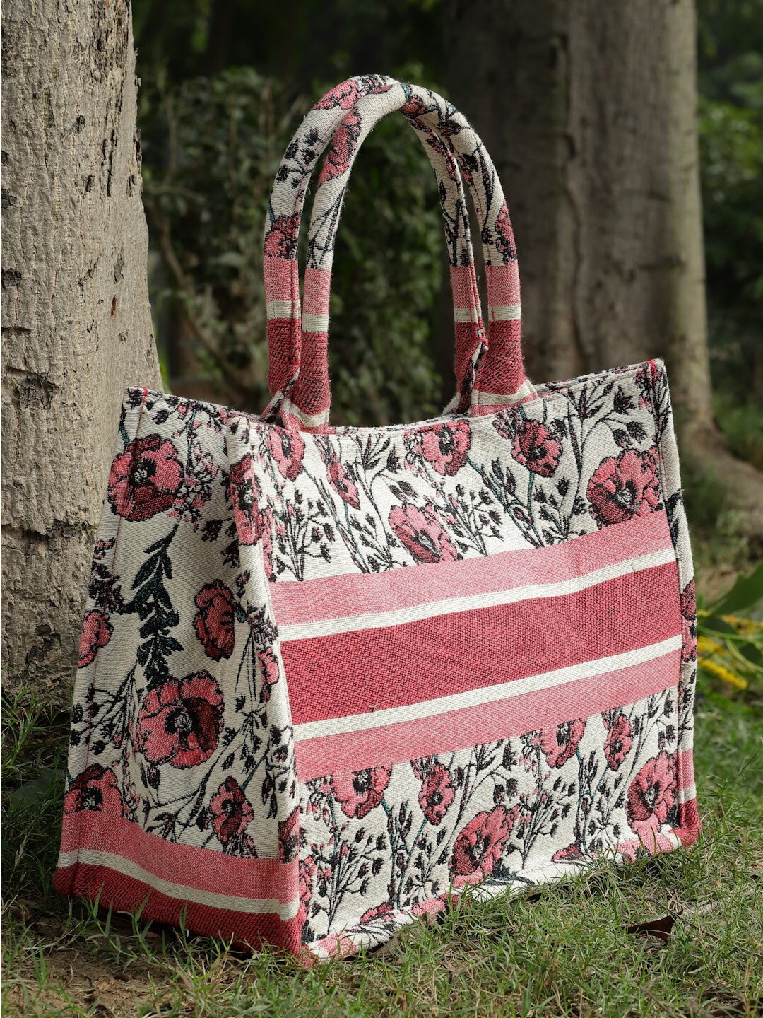 

Anekaant Floral Printed Jacquard Cotton Shopper Handheld Bag, Off white