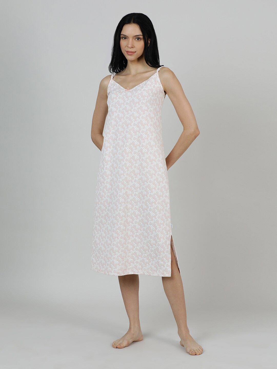 

mackly Floral Printed Pure Cotton Midi Nightdress, Beige