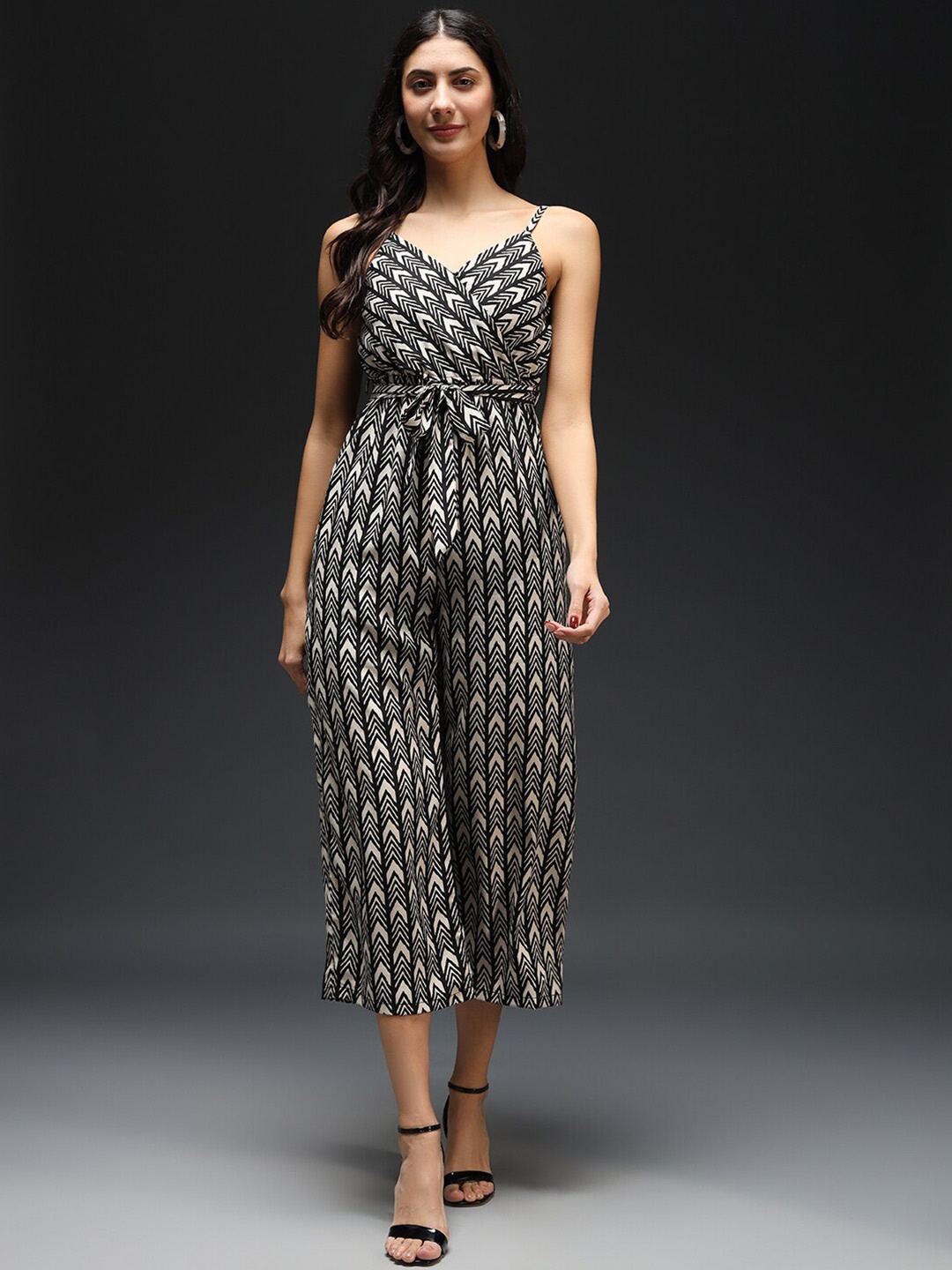 

Kannan Printed Shoulder Straps Culotte Jumpsuit With Belt, Black