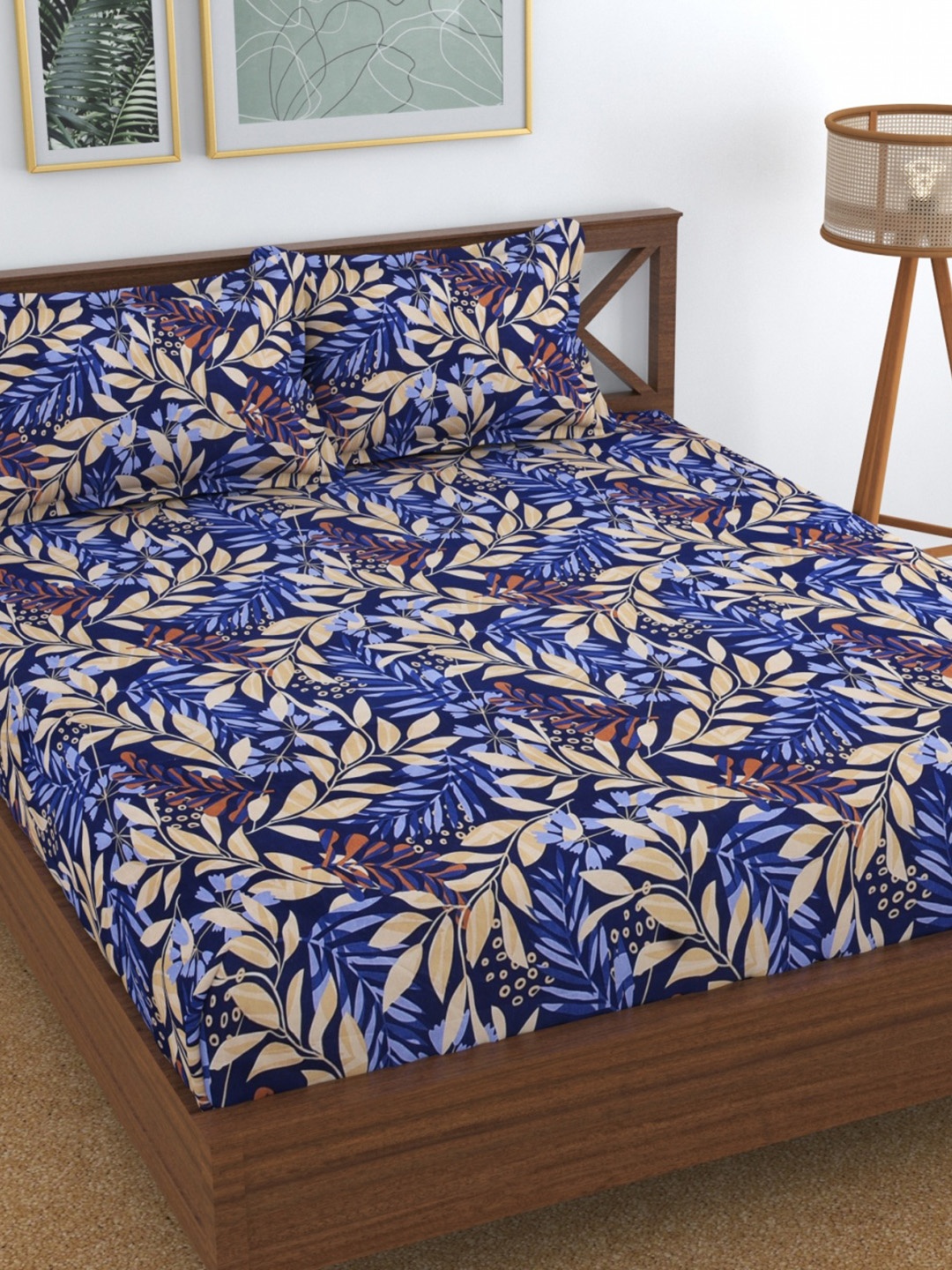 

Aura Blue & Beige Floral 160 TC Queen Bedsheet With 2 Pillow Covers