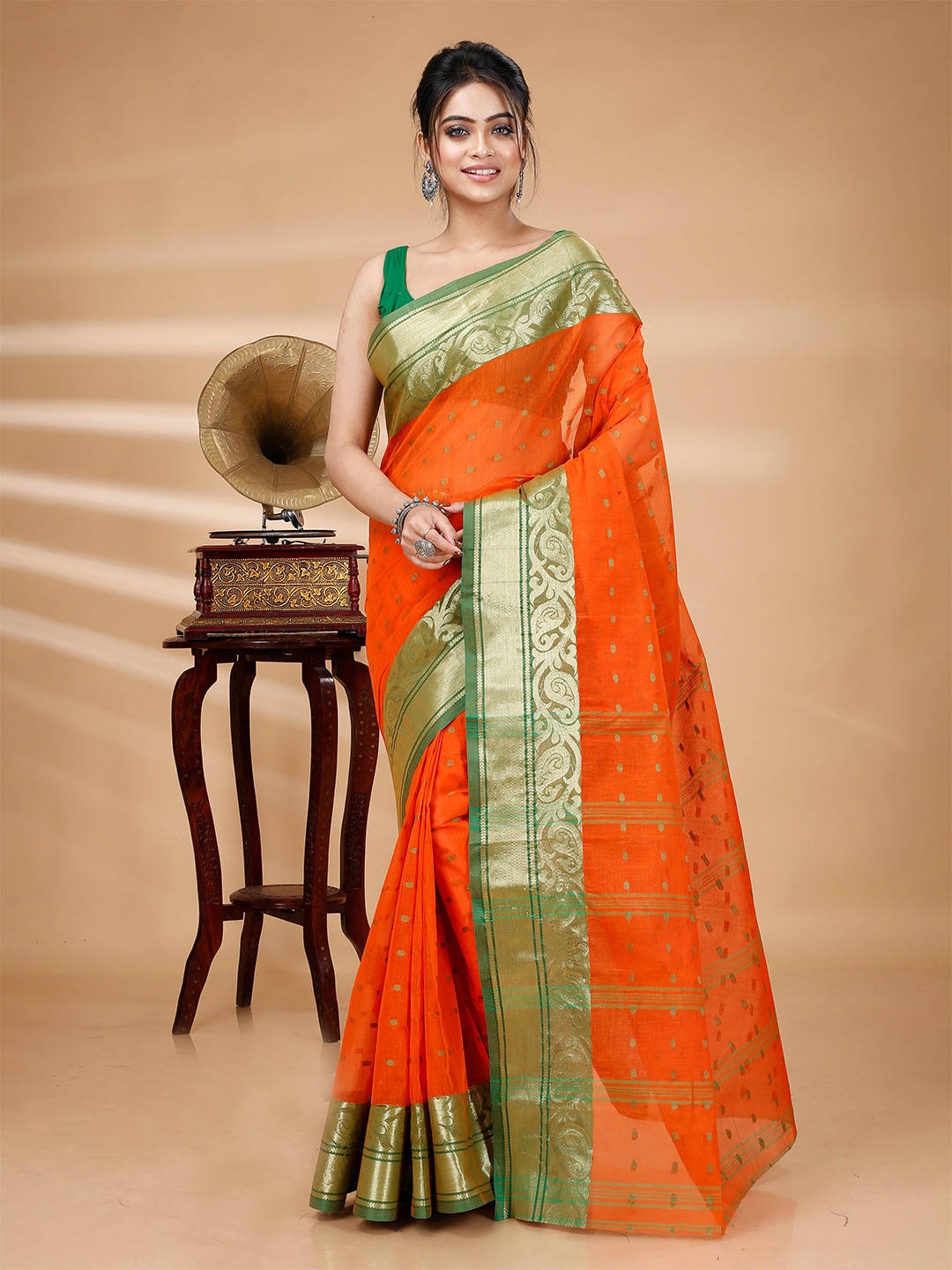

DipDiya Ethnic Motifs Woven Design Zari Pure Cotton Taant Saree, Orange