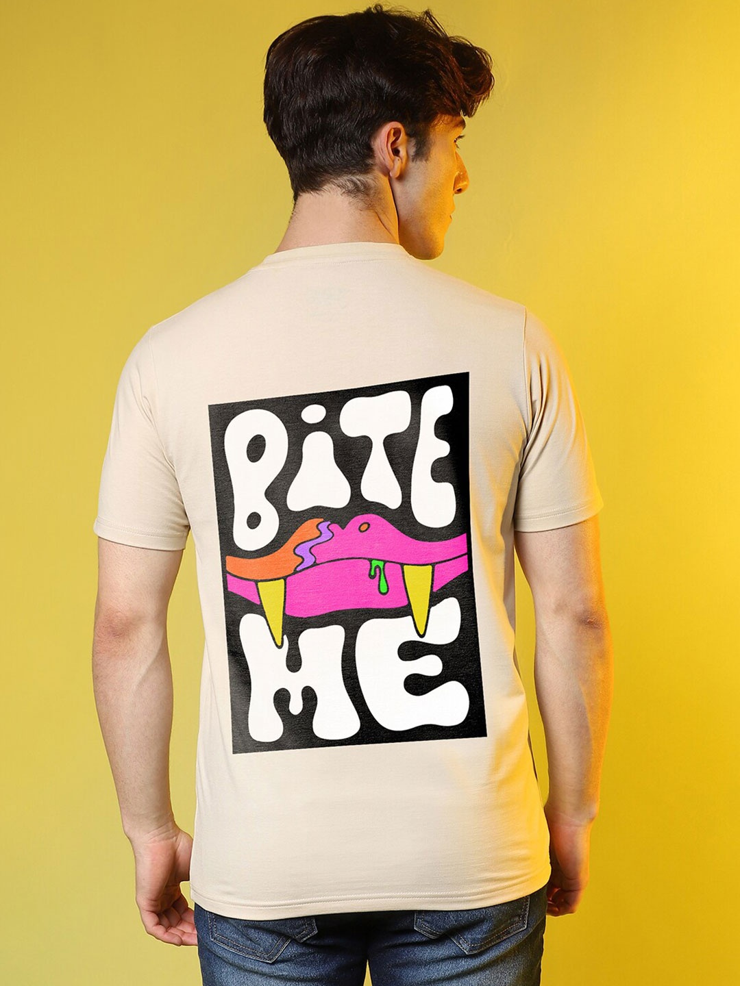 

Campus Sutra Men Yellow Typography Printed Oversized Cotton T-shirt, Beige