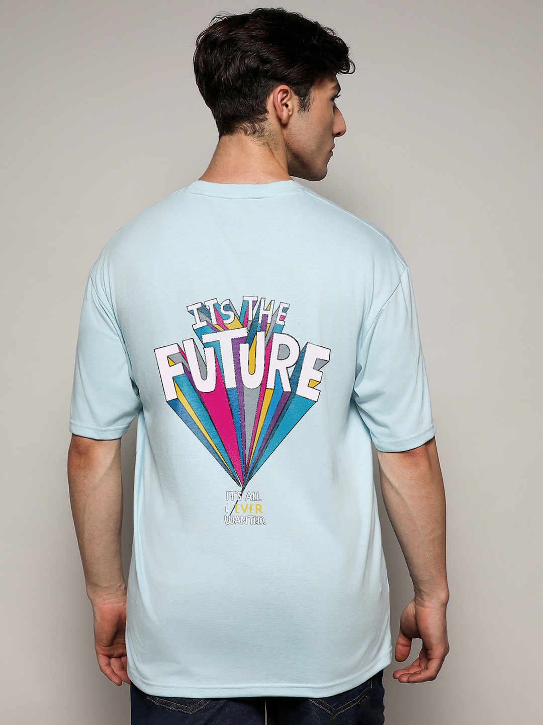 

Campus Sutra Typography Printed Drop-Shoulder Sleeves Cotton Longline Oversized T-shirt, Blue