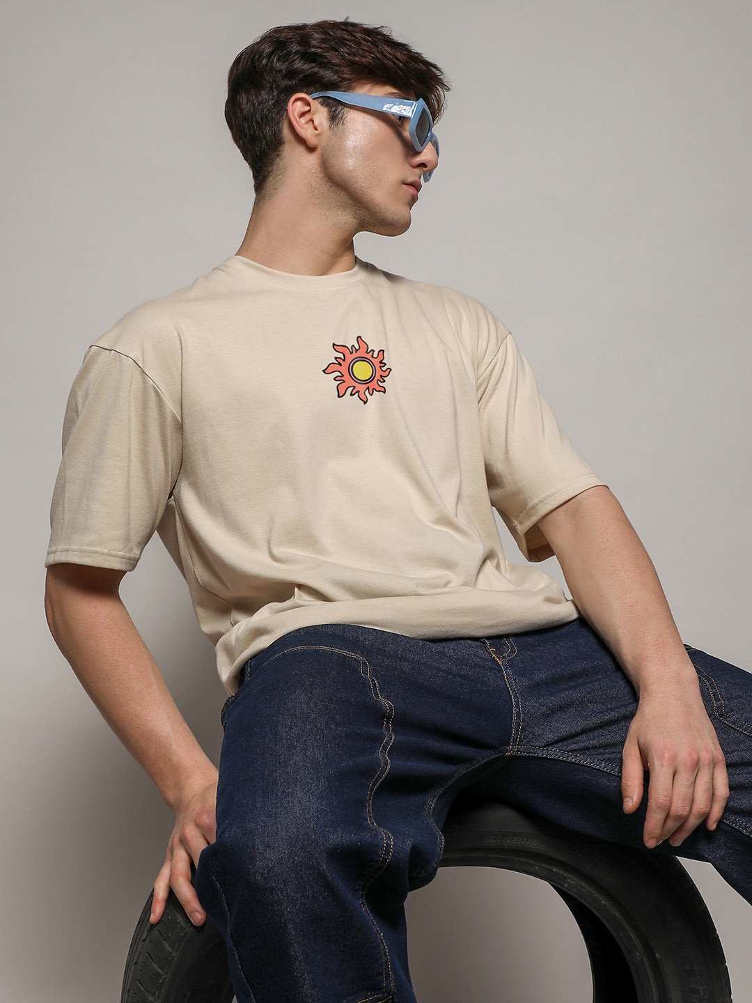 

Campus Sutra Printed Oversized Cotton T-Shirt, Beige