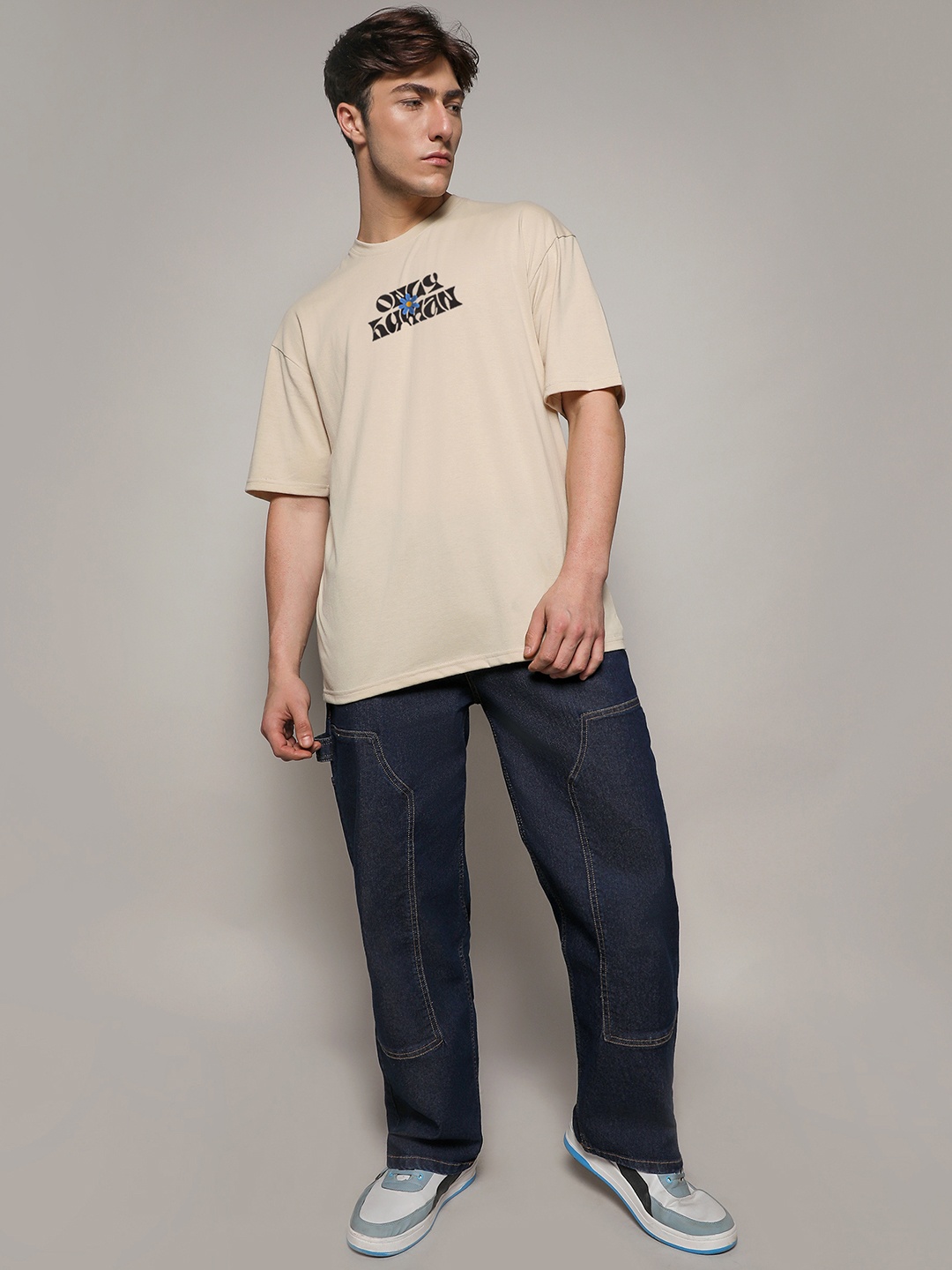 

Campus Sutra Typography Printed Drop-Shoulder Sleeves Cotton Oversized T-shirt, Yellow