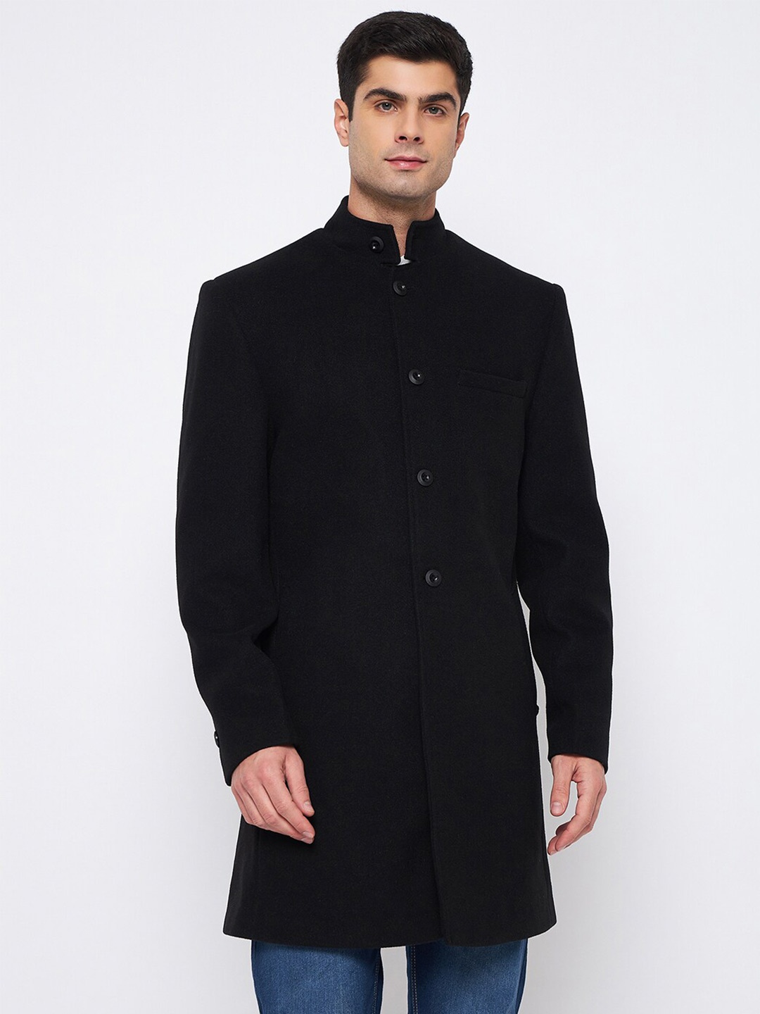 

Okane Long Sleeves Woollen Overcoat, Black