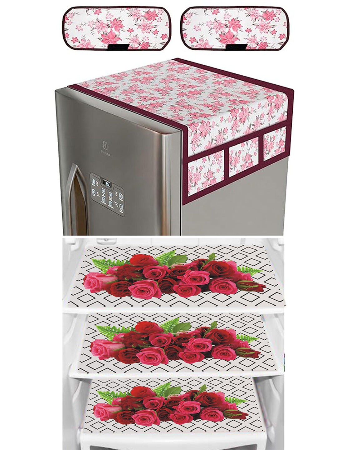 

Dakshya Industries 6 Pieces White & Pink Floral Printed Refrigerator covers