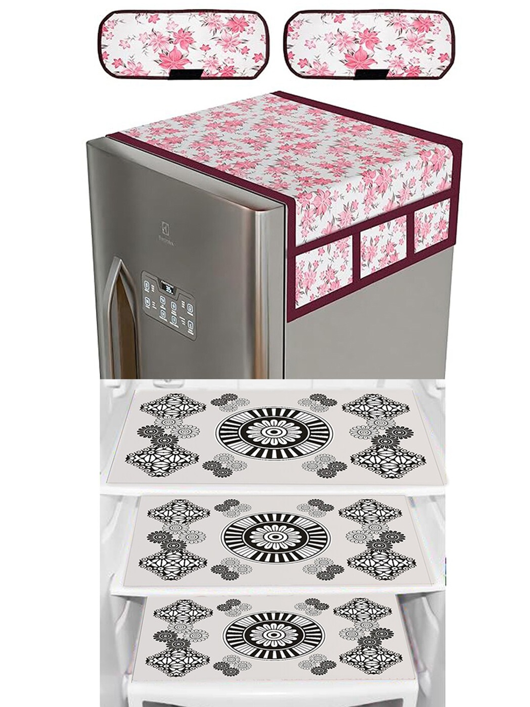 

Dakshya Industries White & Pink 6 Pieces Floral Printed Fridge Cover With Fridge Mats