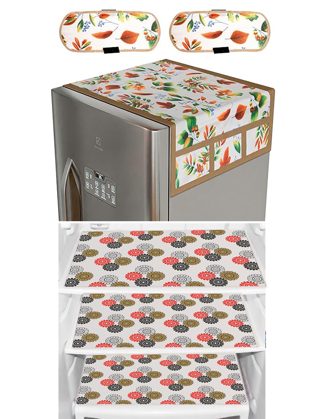 

Dakshya Industries 6 Pieces Red & Cream Refrigerator covers & Mats With Handel Coves