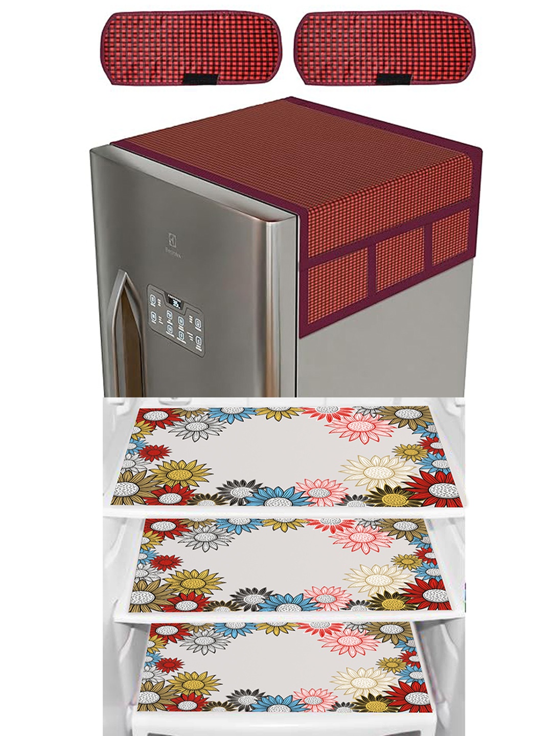 

Dakshya Industries Maroon & Blue Floral Printed Waterproof Fridge Cover With 3 Fridge Mats