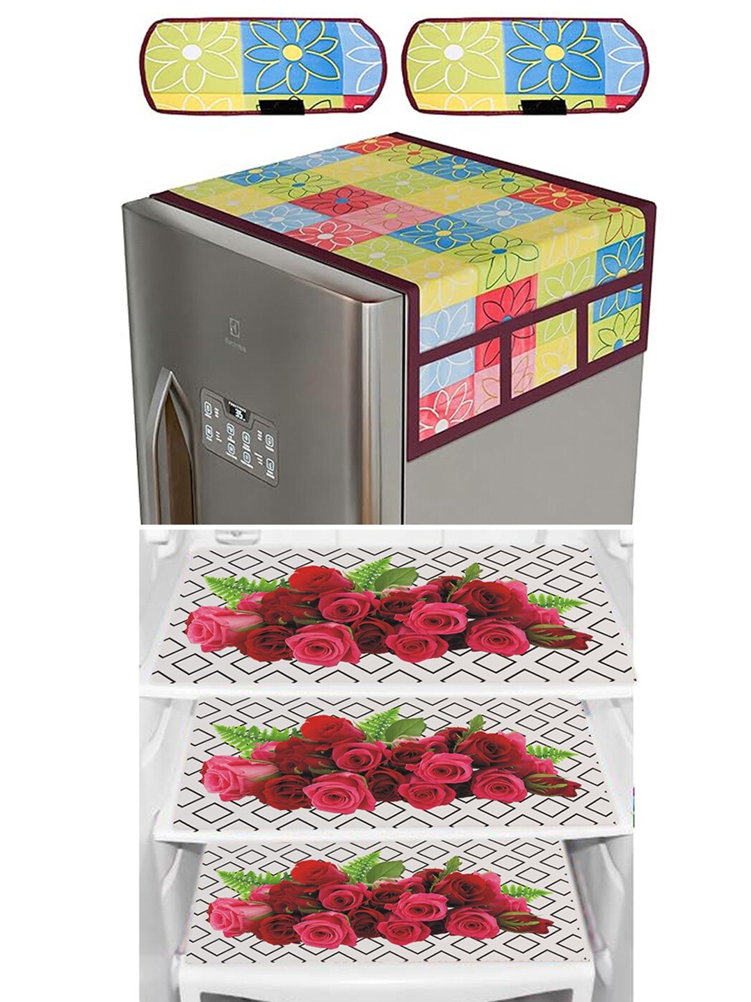 

Dakshya Industries 6 Pieces Yellow & Blue Floral Printed Refrigerator covers, Red