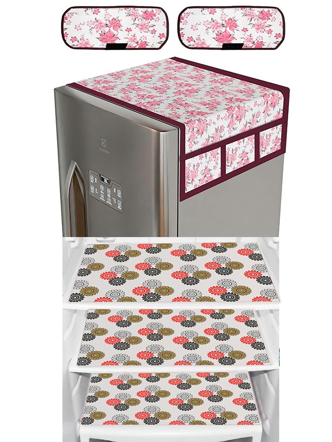 

Dakshya Industries 6 Pieces Pink & White Floral Printed Refrigerator covers
