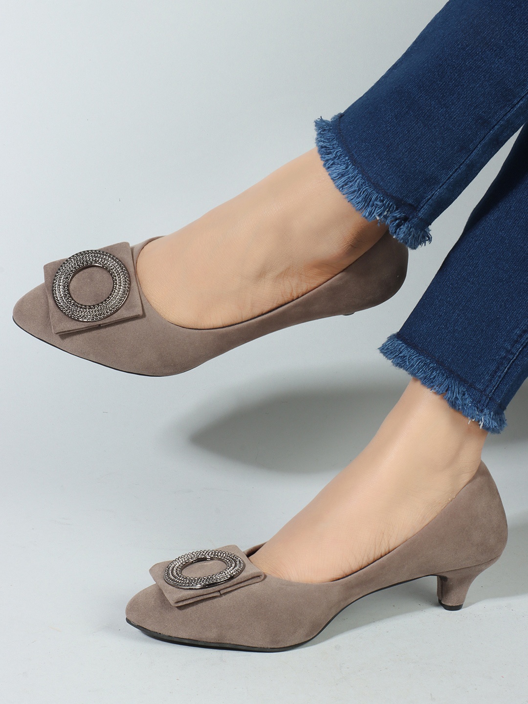 

Sole Saga Pointed Toe Embellished Detail Kitten Heeled Pumps, Grey