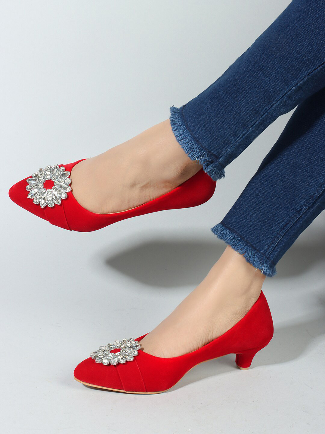 

Sole Saga Embellished Kitten Heeled Pumps, Red