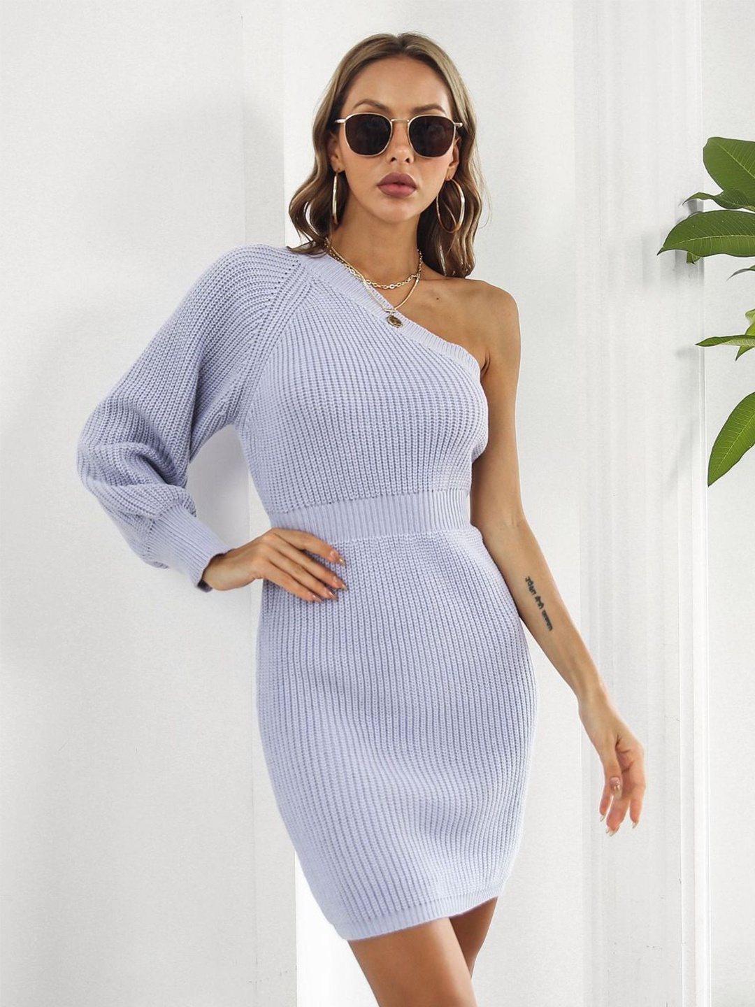 

DressBerry One Shoulder Long Sleeves Striped Bodycon Dress, Purple