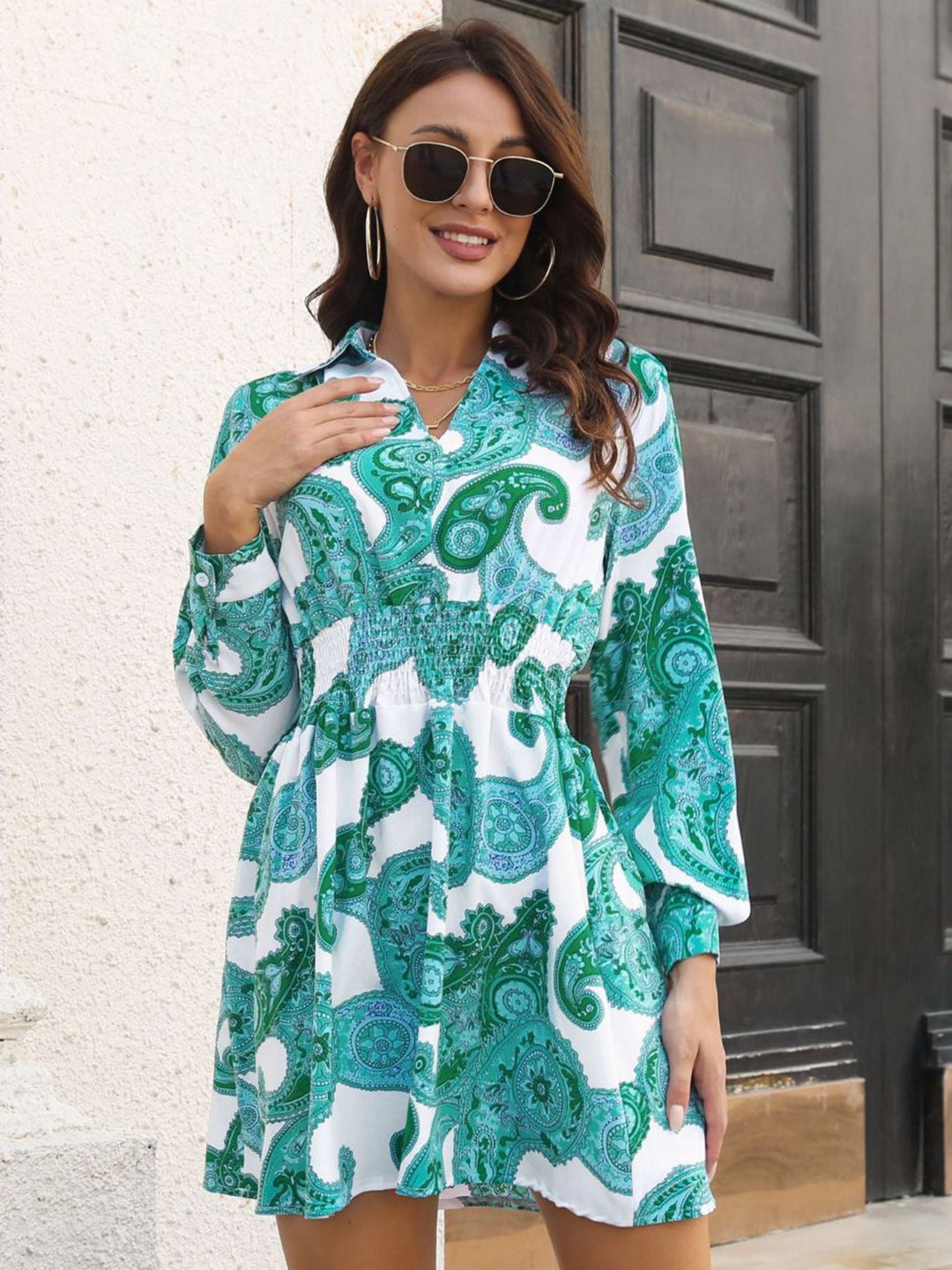 

DressBerry Shirt Collar Floral Printed Puff Sleeve Mini Fit & Flare Dress, Green